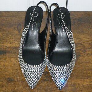 NWOT Jessica Simpson Black & Silver Rhinestone Slingback Pointy Toe Heels